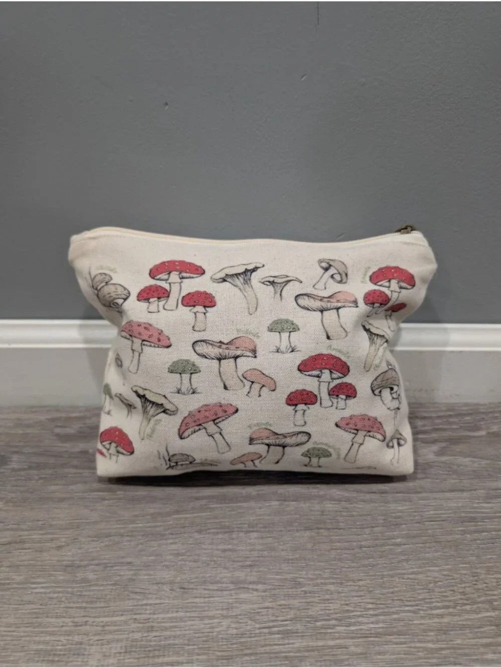 Canvas  Cosmetic Makeup Bag Vintage Botanical Mushroom Print Embroidered Detail